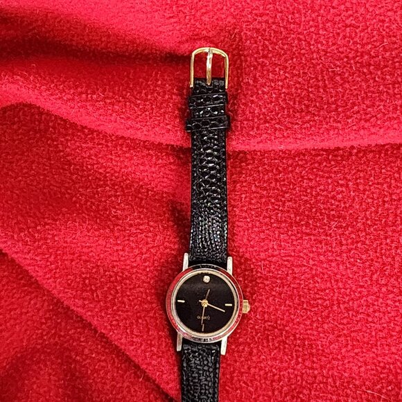 SKC Black Gold Tone Genuine Leather Embossed Strap Diamond Quartz SS Back Watch - Picture 8 of 16